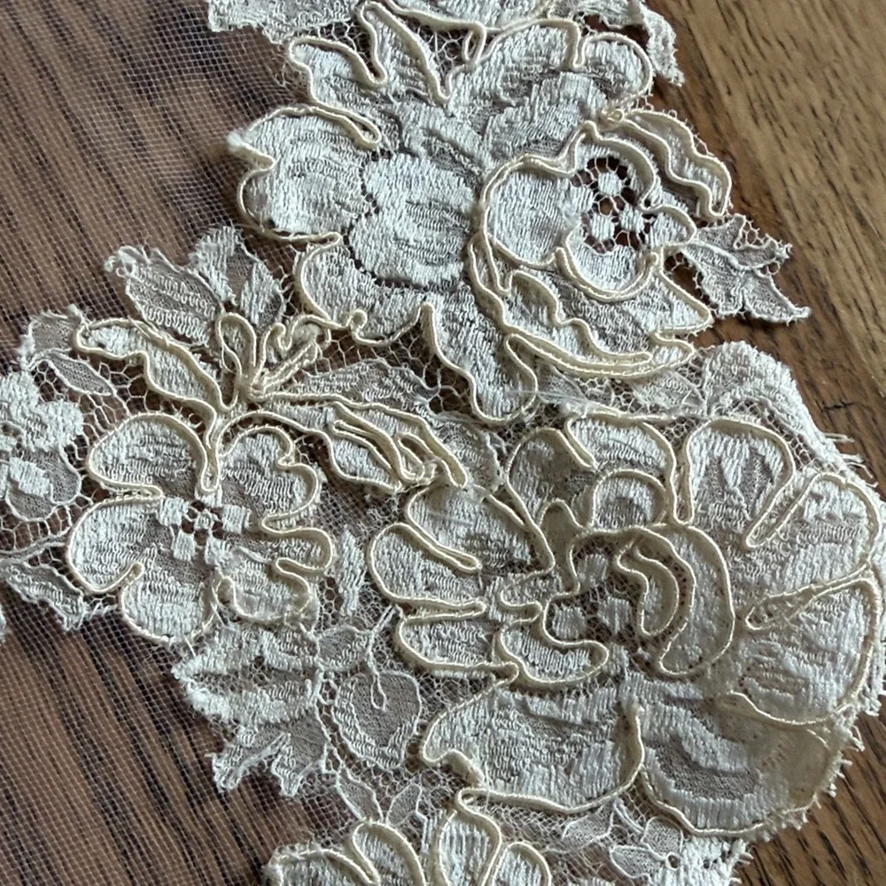 Vintage Ivory Lace-Trim Bridal Veil with Floral Appliqués, Fingertip Length - Picture 8 of 9